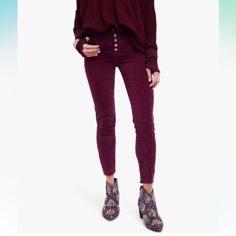 Free People Reagan Skinny Exposed Button Fly Raw Hem baby cords in eggplant 27